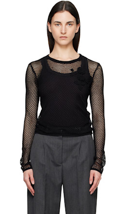 Black Mercerized Cotton Mesh Pointelle Longsleeve T-shirt - GANNI