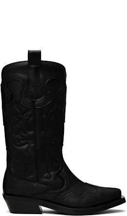 Black Mid Shaft Embroidered Western Boots - GANNI
