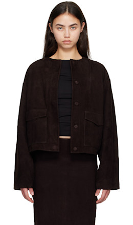 Brown Suede Utility Cocoon Bomber Jacket - St. Agni