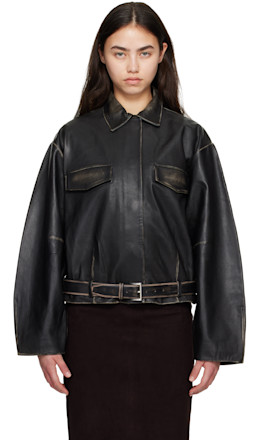Black Brushed Belted Leather Jacket - St. Agni