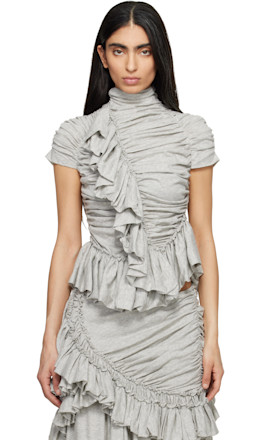 Gray Fitted Gathered High-Neck Blouse - Dries Van Noten