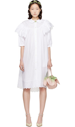 White Puff Sleeve Ruffle Frill Trim Shirt Midi Dress - Simone Rocha