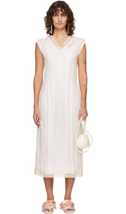 White & Beige Layered Liquid Lace Trim Midi Dress - Simone Rocha
