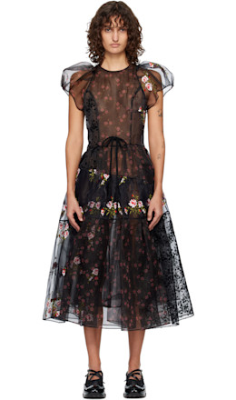 Black Sheer Puff Sleeve Patchwork Flounce Midi Dress - Simone Rocha