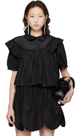 Black Cropped Puff Sleeve Ruffle Frill Shirt - Simone Rocha