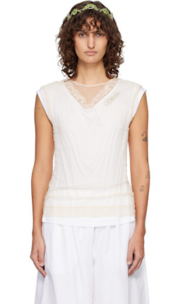 White & Beige Layered Liquid Lace Trim T-shirt - Simone Rocha