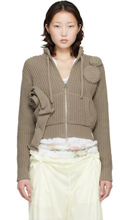 Taupe Applique Knit Zipup Sweater Taupe Applique Knit Zipup Sweater