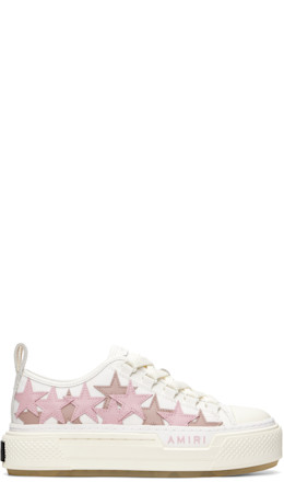 White & Pink Stars Court Low Sneakers
