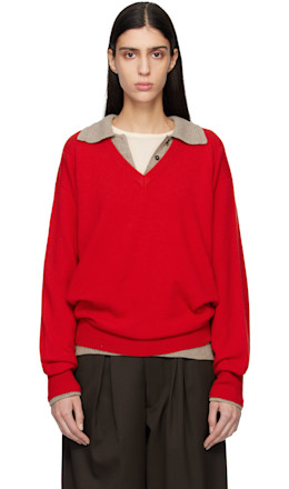 Red Pure Cashmere Knit V Neck LS Sweater - ssstein