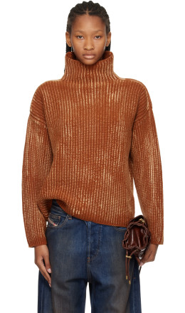 Brown Ribbed Wool Blend Funnel-Neck Sweater - Diesel