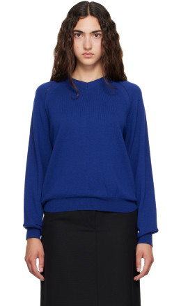 Blue Super Fine Merino Wool Distressed V-Neck Sweater - TONYWACK