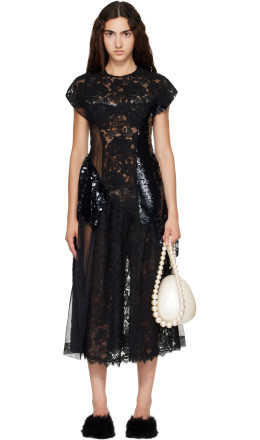 Black Patchwork Cap Sleeve Ruffle Detail Midi Dress - Simone Rocha