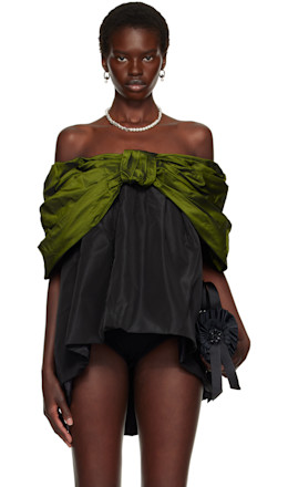 Khaki & Black Gathered Bow Top - Simone Rocha