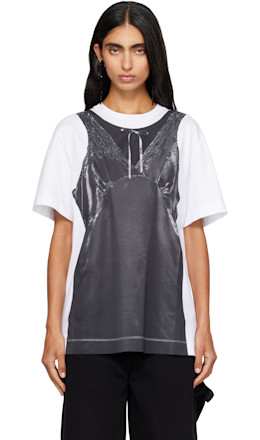 White & Black Patchwork Satin Trompe L'Oeil Print T-shirt - Simone Rocha