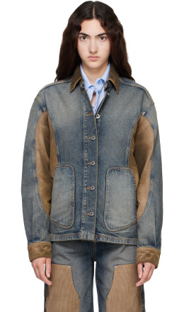 Navy & Brown Corduroy Patch Denim Jacket - Off-White