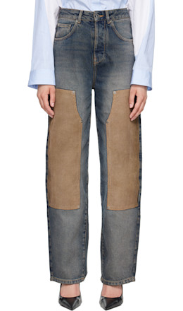 Navy & Brown Corduroy Patch Balloon Jeans - Off-White