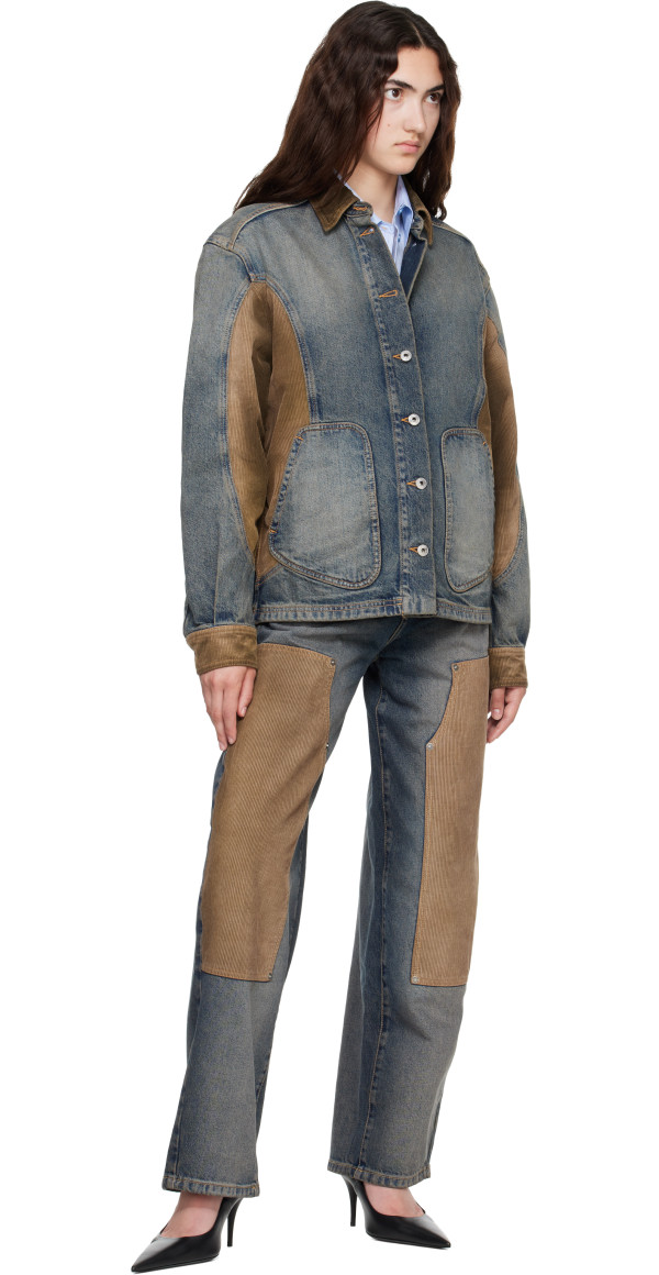 Navy & Brown Corduroy Patch Denim Jacket - Off-White