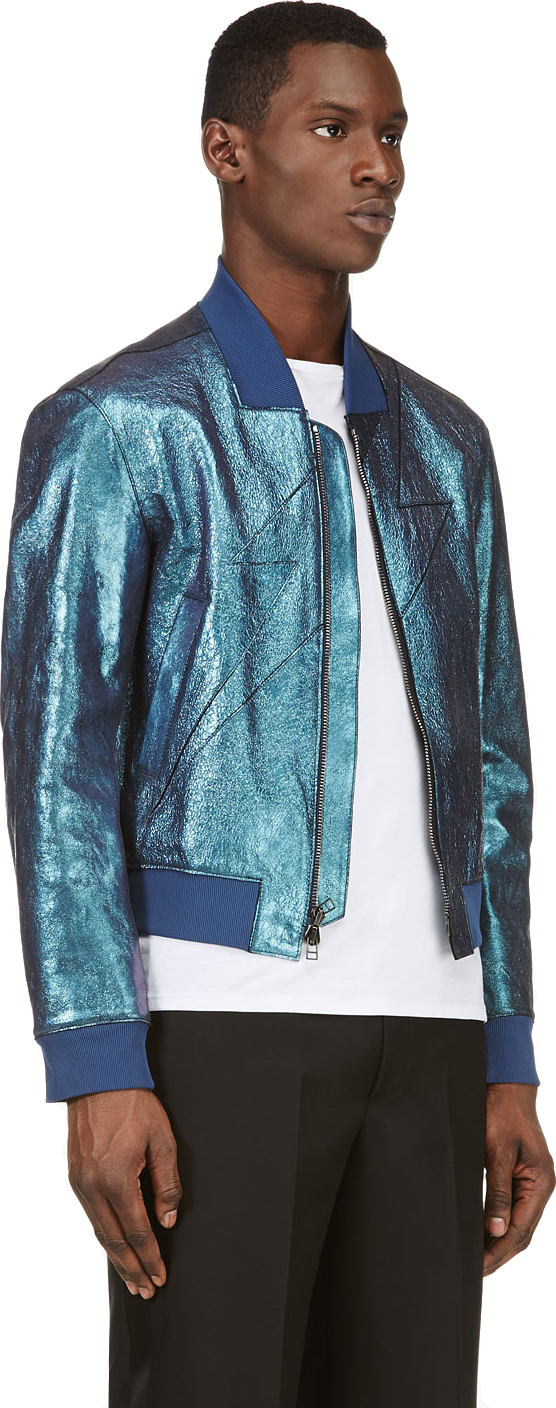 Blue Metallic Leather Lightning Bomber Jacket