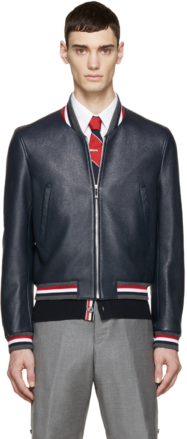 Thom Browne Navy Leather Varsity Bomber Jacket
