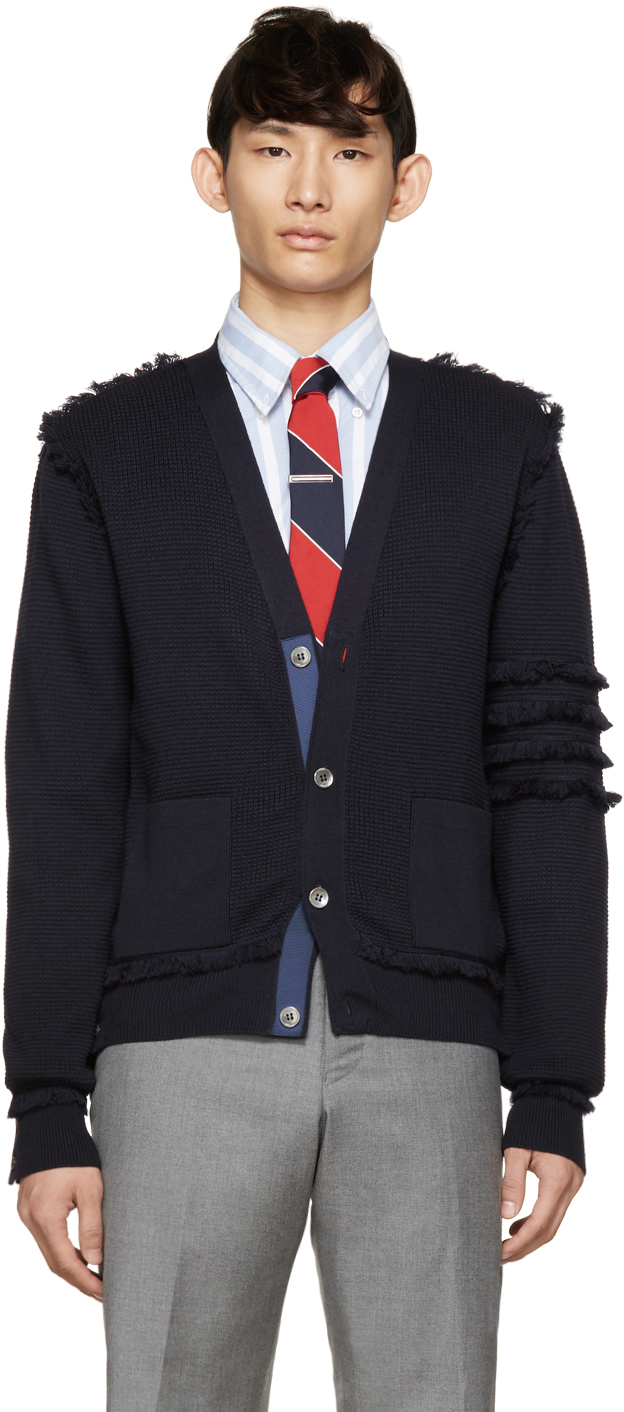 Thom Browne Navy Wool Fringed Armband Cardigan