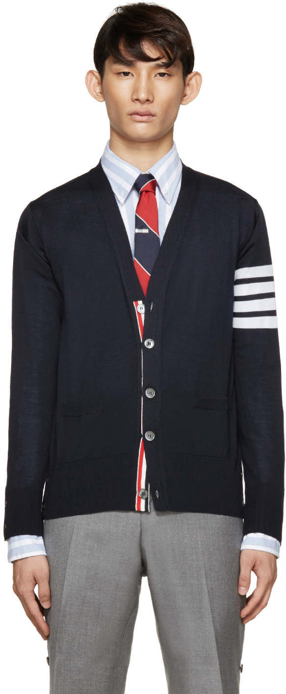 Thom Browne Navy Wool Striped Armband Cardigan