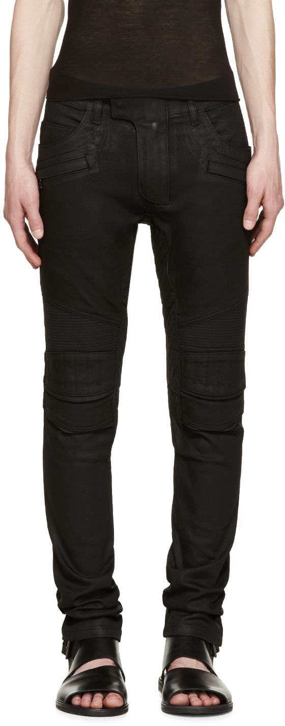 Balmain Black Coated Biker Jeans