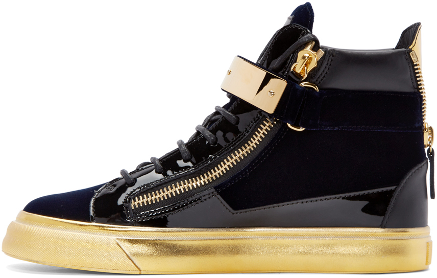 Giuseppe Zanotti: Navy Velvet London High-Top Sneakers | SSENSE