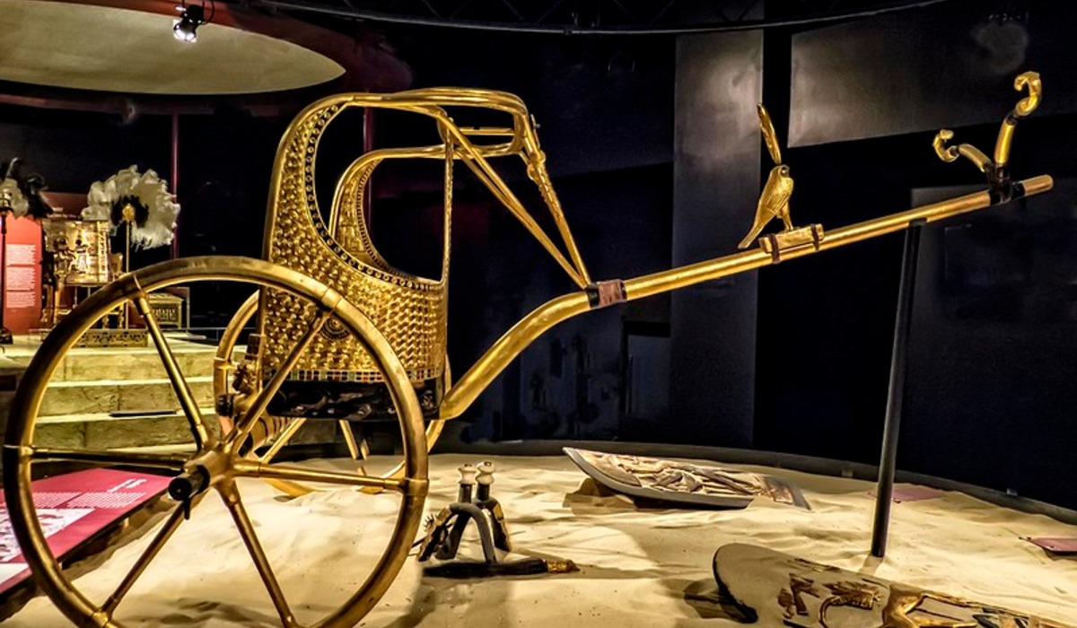 Golden funerary mask of tutankhamun on display