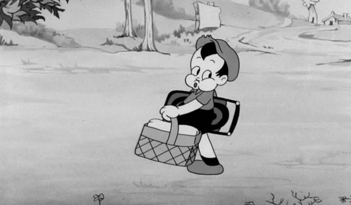 an orange cartoon character with two eyes and a backpack