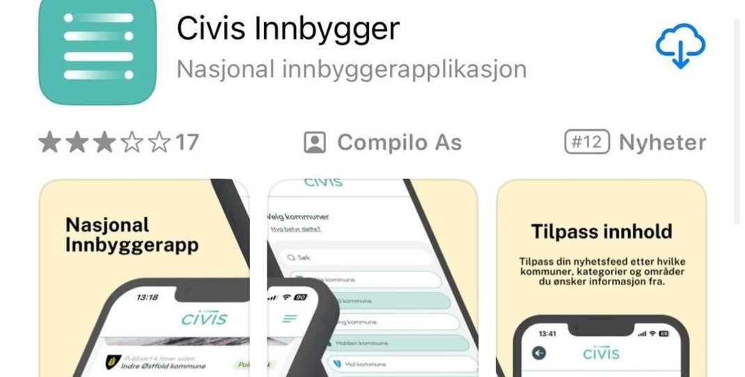utklipp av appstore der man ser en grønn logo og tittelen "Civis Innbygger"