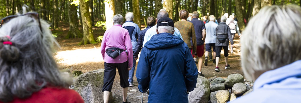 Eldre personer som går i skogen