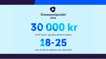 Bildet viser plakatten til Drømmestipendet 2024: 30 000 kr til 50 kunst- og kulturutøvere mellom 18 og 25 år som ønsker å realisere sine drømmer!