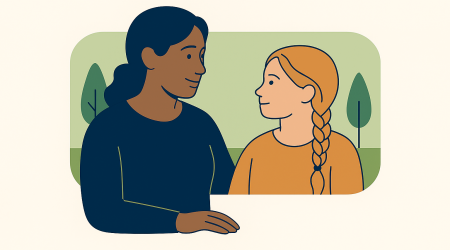 Grafisk illustrasjon som viser voksen omsorgsperson sammen med et barn