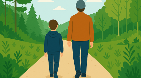 Grafisk illustrasjon av voksenperson på tur sammen med et barn. Bildet illustrerer støttekontakt, og er laget ved hjelp av Copilot