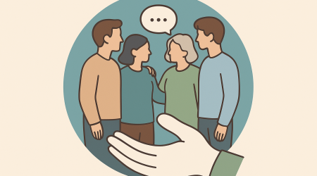 Grafisk illustrasjon av en gruppe mennesker som holdes opp av en hånd som symboliserer trygghet og fellesskap