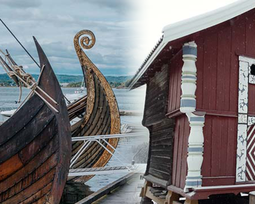Bilde av vikingskip og stabbur