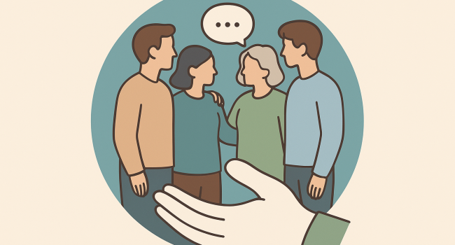 Grafisk illustrasjon av en gruppe mennesker som holdes opp av en hånd som symboliserer trygghet og fellesskap