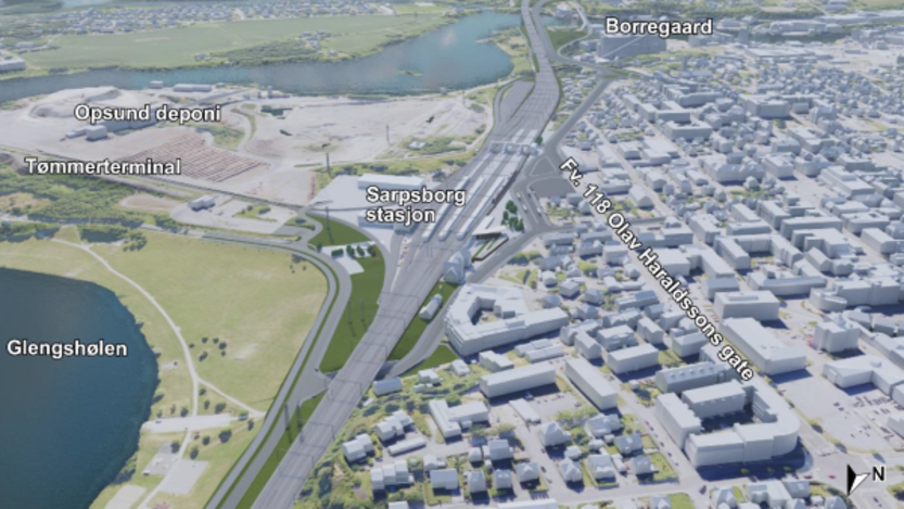 Sarpsborg stasjon, her vist i alternativ Midt-7 og Midt-10. Ny stasjon blir liggende på omtrent samme sted som dagens stasjon