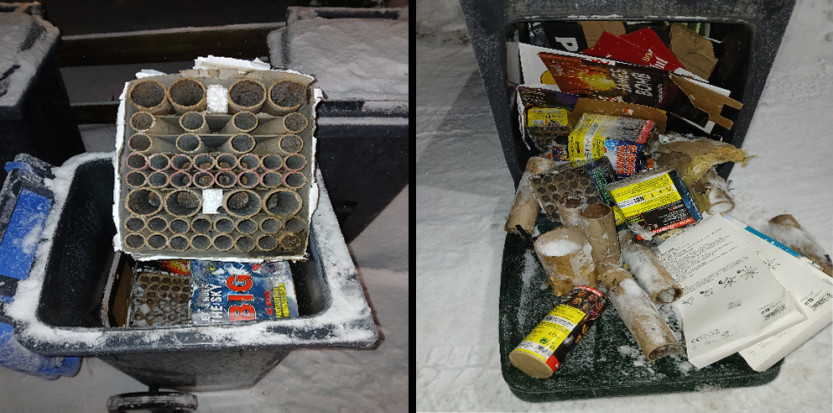 NEI TAKK: Fyrverkeri har ingentin i beholderen for papp og papir å gjøre. Renovatørene vil ikke tømme disse beholderne. Når avfallet er nedkjølt kan det kastes i restavfallet.