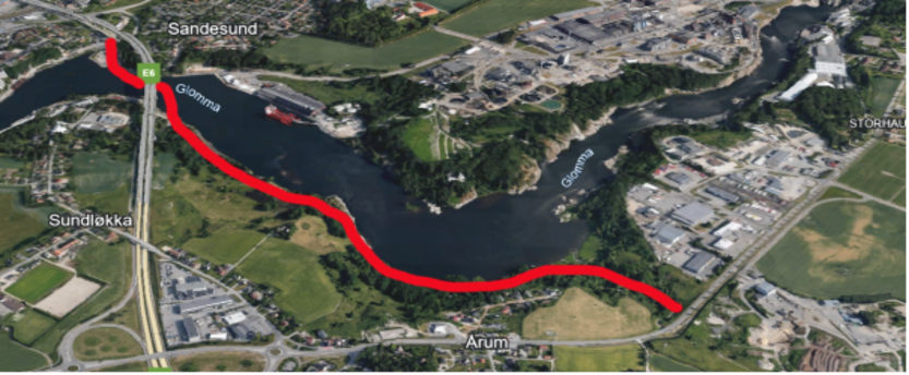 Oversiktskart hvor den røde linjen viser litt av området hvor det vil jobbes.
