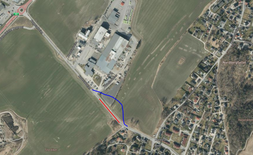 Kart som viser stengt del av Navestadveien (rød) og omlagt gang-sykkelvei (blå)