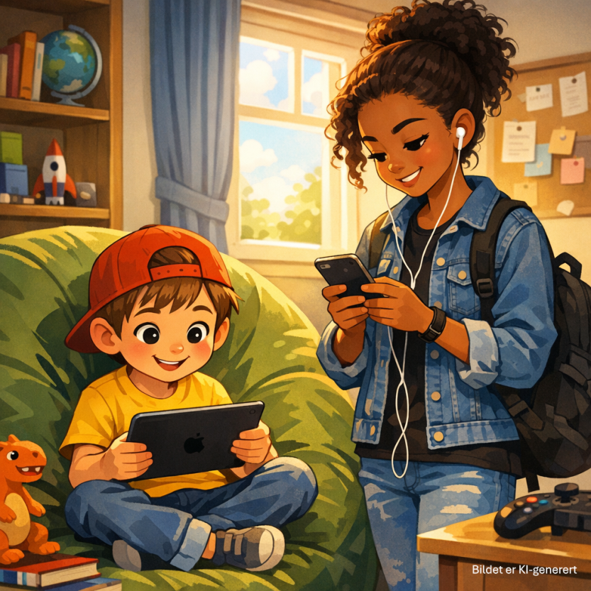 Et illustarsjonsbilde av et barn med et nettbrett og en ungdom med en smarttelefon. Illustrasjonen er KI-generert