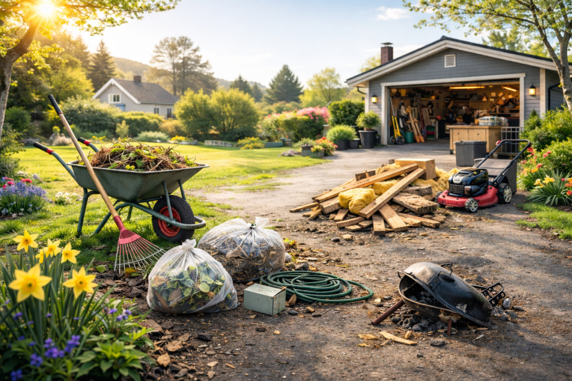 VÅR OG RYDDING: Våren betyr ofte tid for å rydde unna både hageavfall og diverse øvrig avfall (illustrasjon laget med KI)