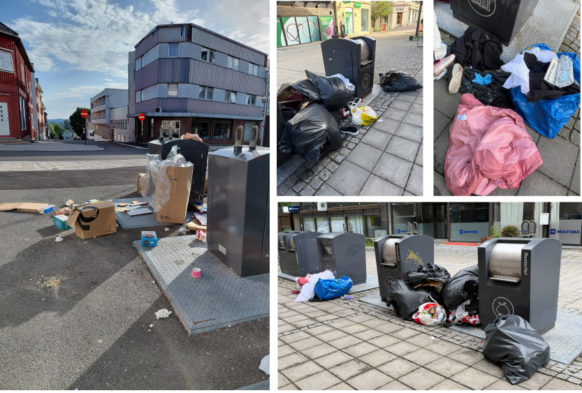 IKKE SLIK: Avfallet skal ikke stables og slenges på utsiden av de nedgravde løsningene i sentrum. Det bidrar til skadedyr, lukt og dårlig bymiljø. (foto: Sarpsborg kommune)