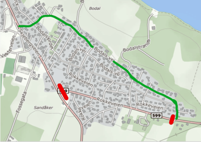 Kart over stengt del av Rokkeveien.