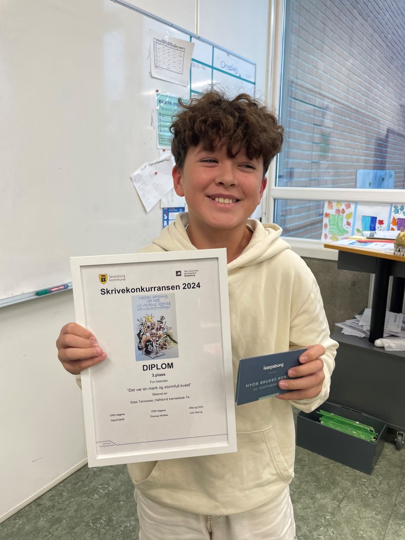 Elias Tønnesen fra klasse 7A på Hafslund ungdomsskole tok 3. plass i skrivekonkurransen 2024.