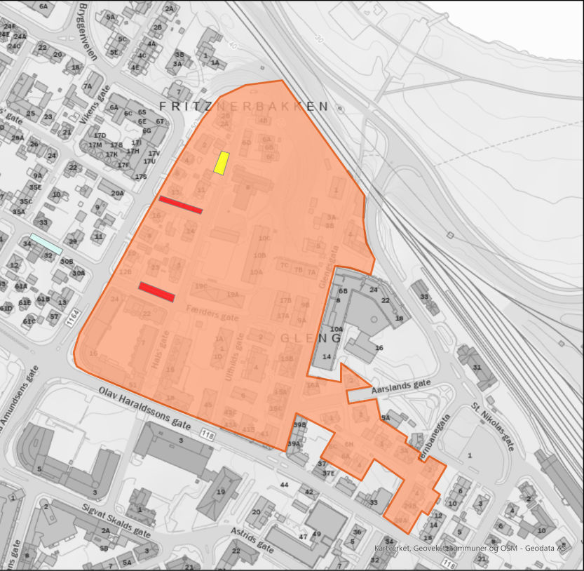 BOLIGSONE: Bildet viser kart over boligsonen Fritznerbakken øst. De røde og den gule boksen viser hvor det er muligheter for besøksparkering med ulik tillat maks-tid. 