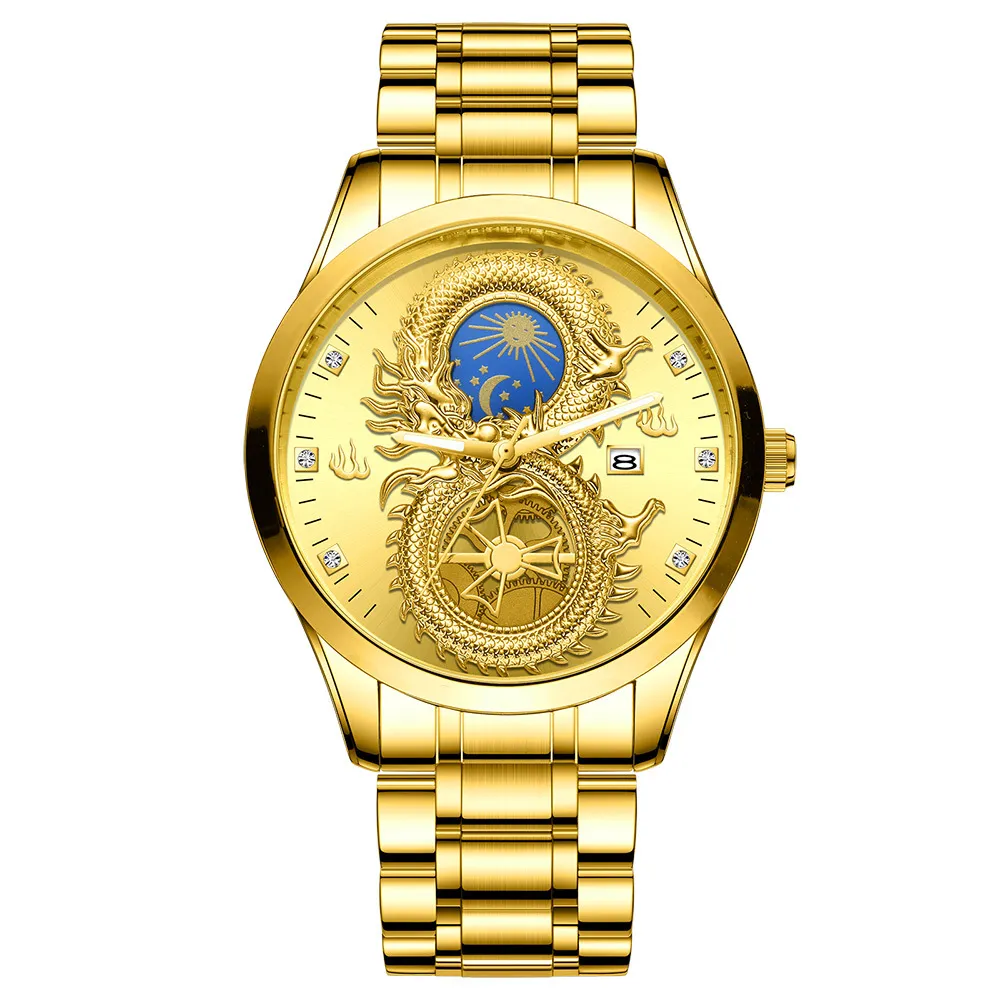 FNGEEN 3D Embossed Golden Dragon Sun & Moon Quartz