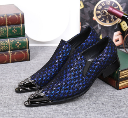 Men's Premium Embossed Scale Pointed Toe Tuxedo Loafers β Metallic Chrome Tip Formal Dress Shoes (Royal Blue)