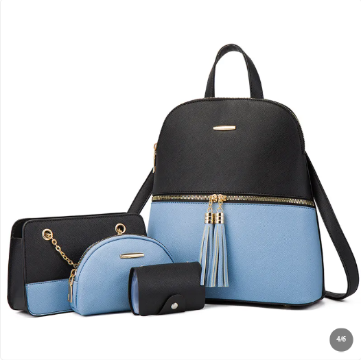 4-Piece Women's Color-Block Vegan Leather Tassel Backpack & Purse Set
